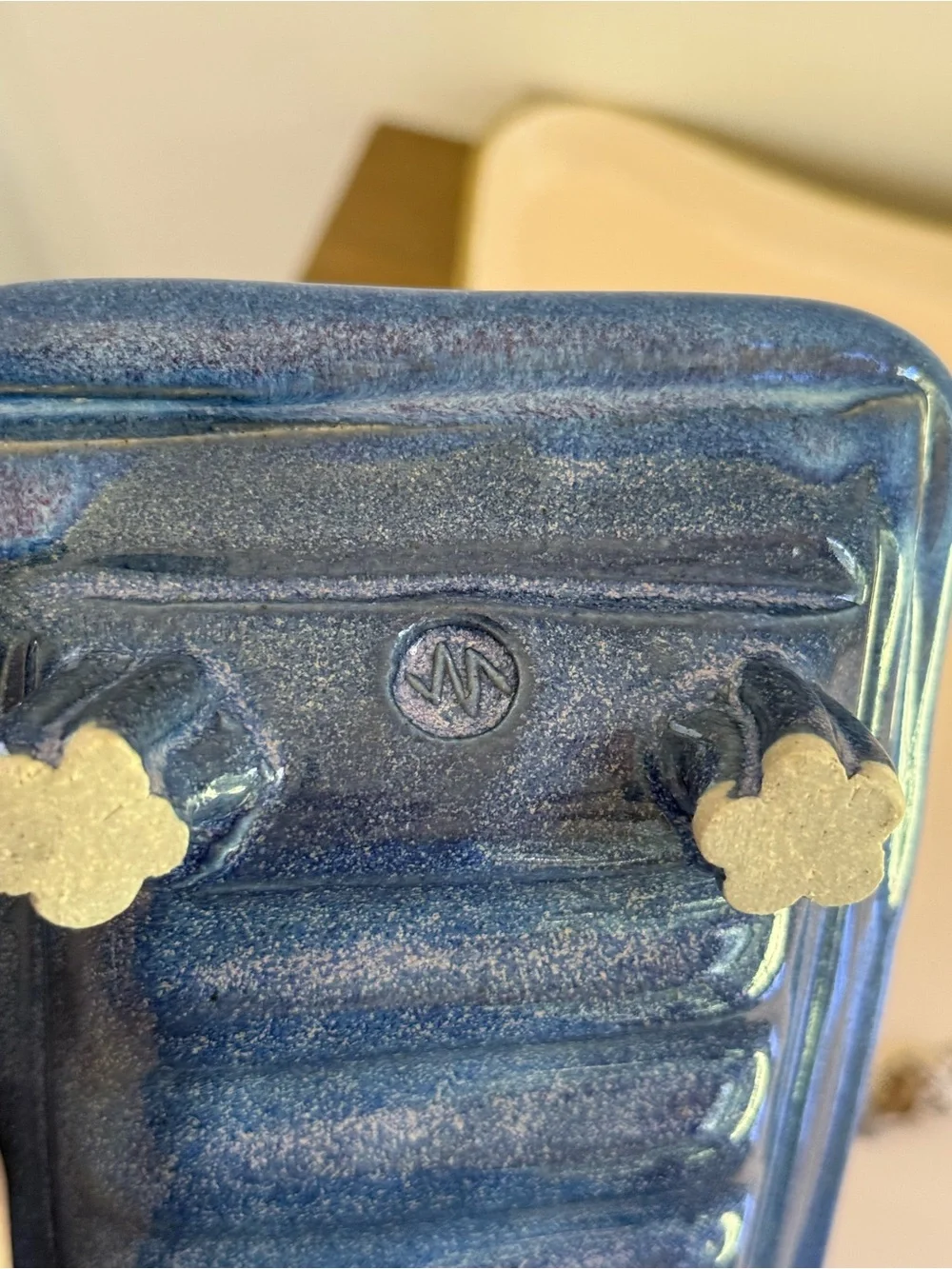 Handmade Studio Art Pottery Blue Soap Dish with Raised Feet